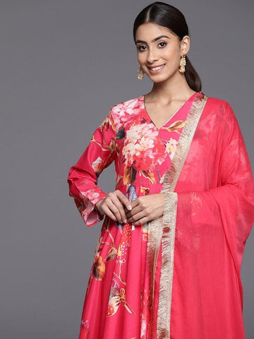 Varanga Kalini Women Pink Floral Printed Angrakha Style Anarkali Kurta Paired With Dupatta